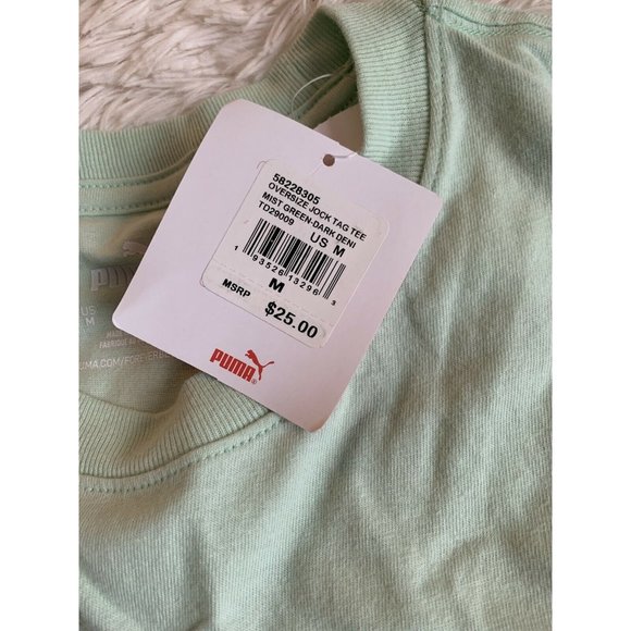 Women’s T-Shirt Size M PUMA Oversize Jock Tag Tee Mist Green - Dark Deni TD29009 - Picture 10 of 11